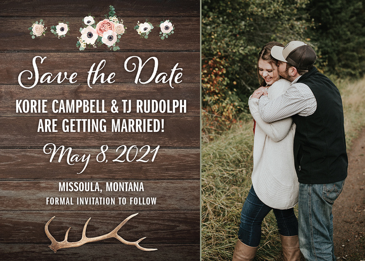 Wedding "Save The Date" card with photo of engaged couple, flowers, wood background, and antlers, design by Jenny Valencia Graphic Design