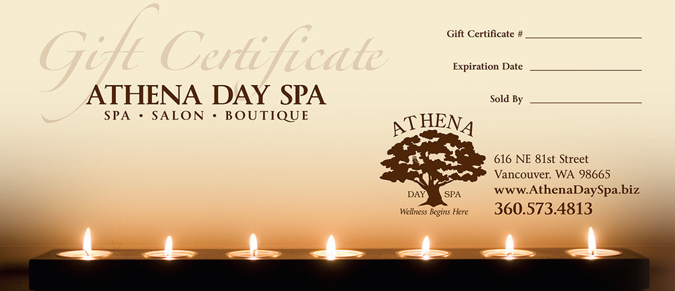 Sample gift certificate for Athena Day Spa, design by Jenny Valencia Graphic Design